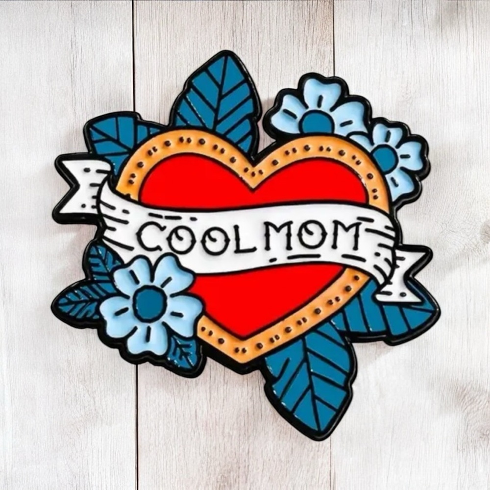 New! Cool Mom" Enamel Pin, Designed in a Heart-and-Banner Tattoo Style.